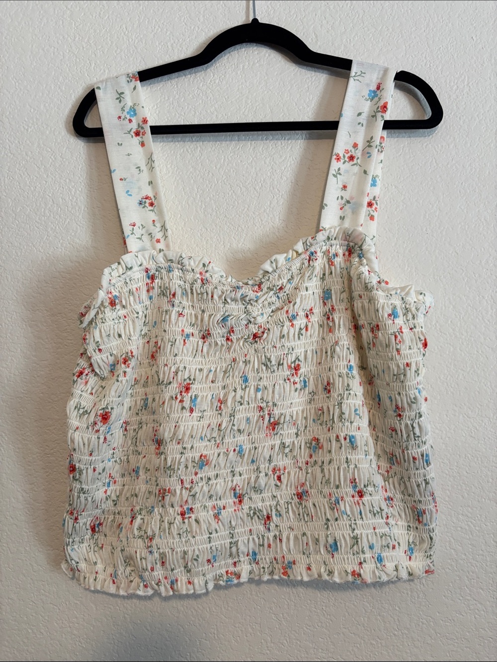 Forever 21 White Floral Smocked Tank with Red & Blue Accents